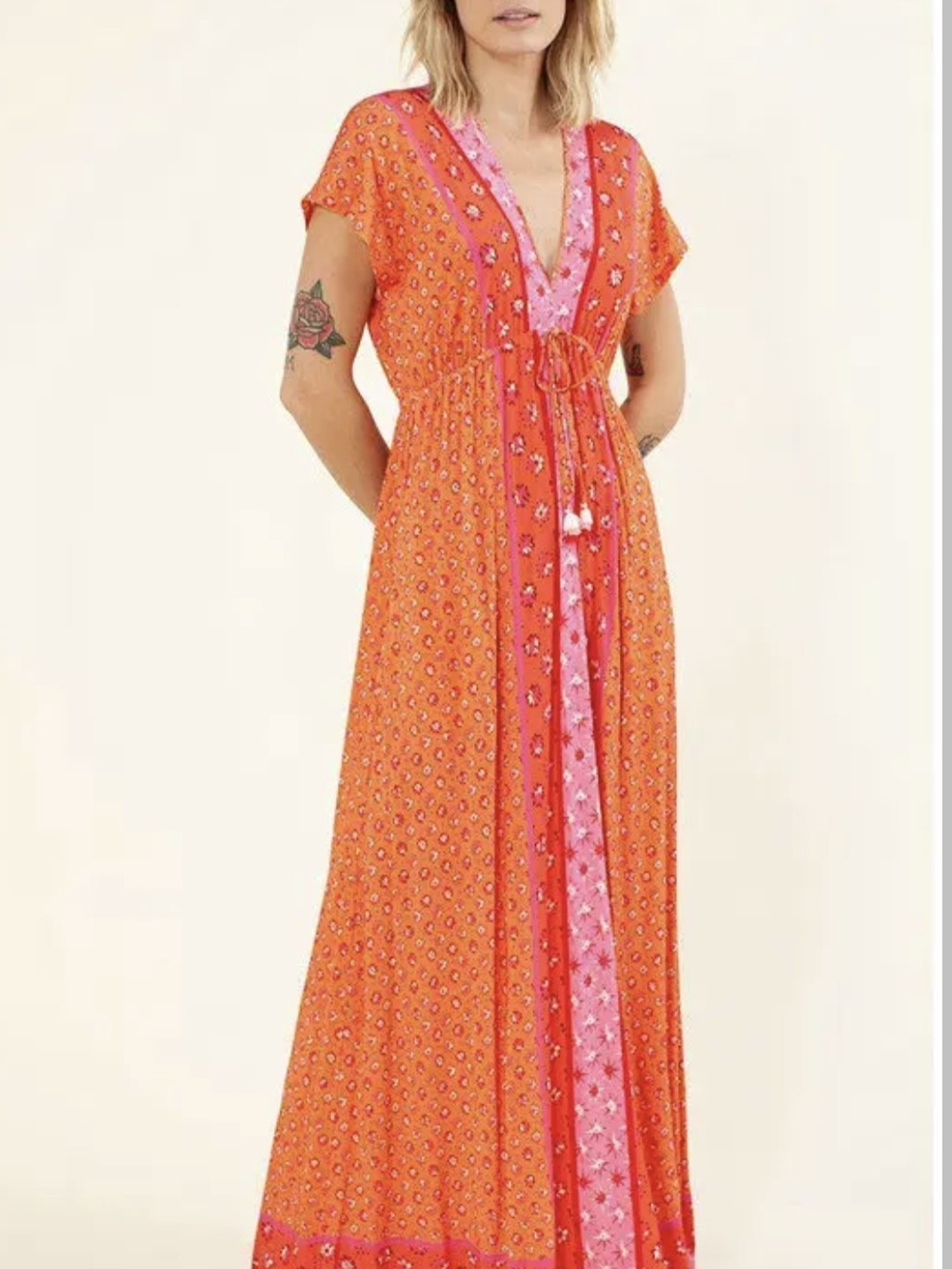 Hale Bob Orange Maxi Dress with Pink Trim and Floral Print